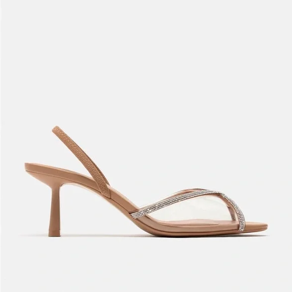 Zara Beige Rhinestone Heeled Vinyl Sandals - Picture 1 of 6